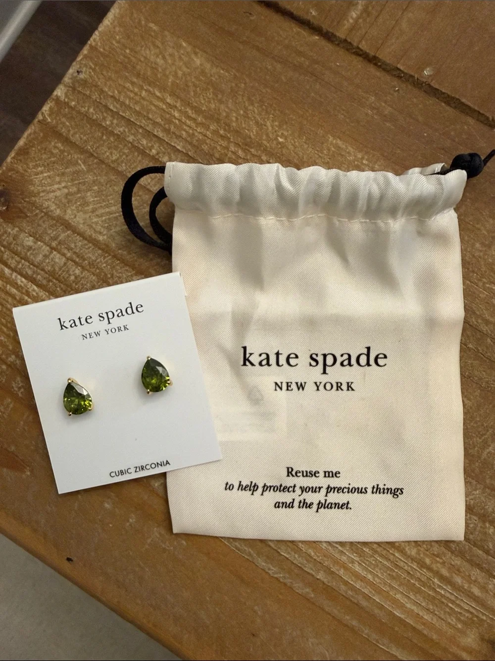 kate spade olive green teardrop CZ stud earrings  & dust bag
